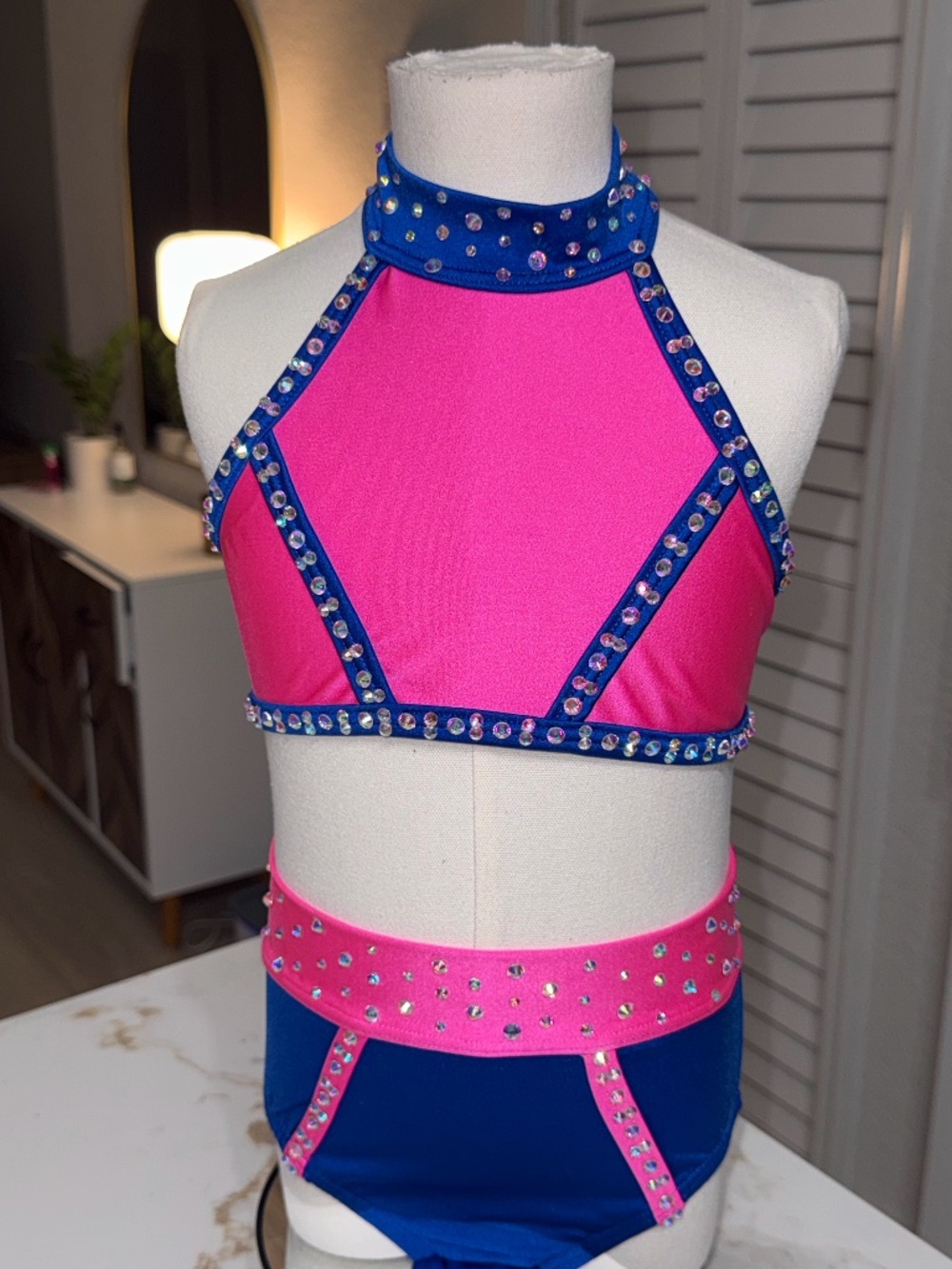 Blue and Pink Rhinestoned Dance Costume Size Child Small